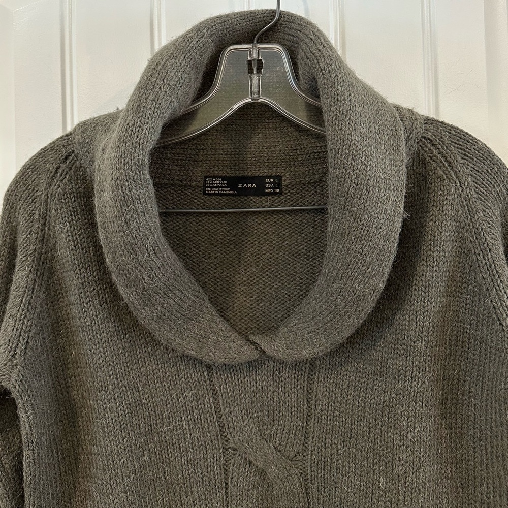 Zara Green Wool Alpaca Sweater Women’s Large Shawl Collar - Picture 9 of 14